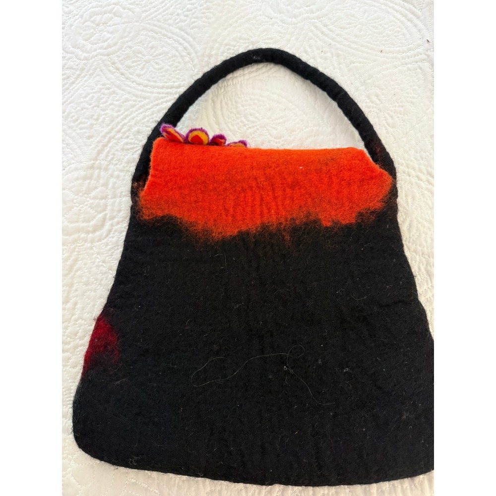 Boiled Wool Handbag Black Orange Vintage Felted Made in Nepal Boho Retro Hippie - Picture 5 of 10